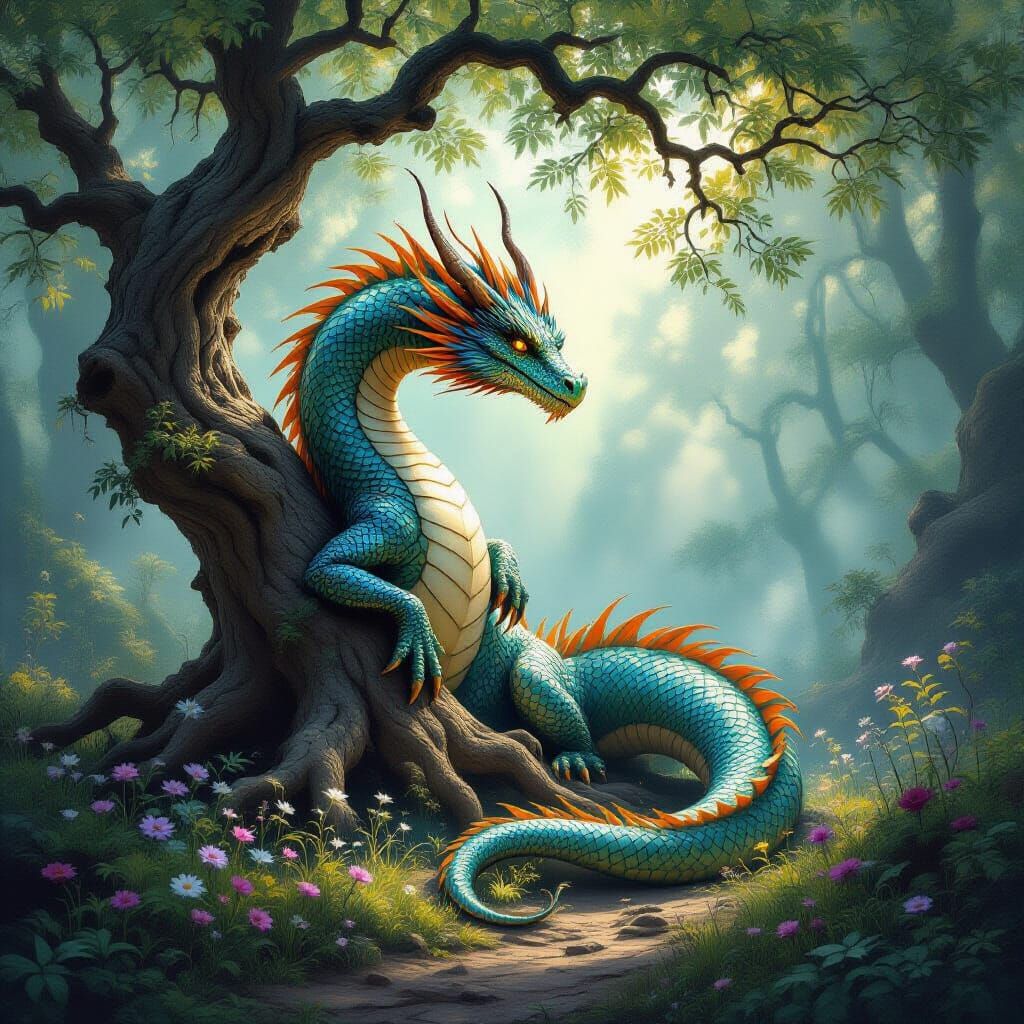 Majestic Dragon Coiled Around Ancient Tree in Misty Forest