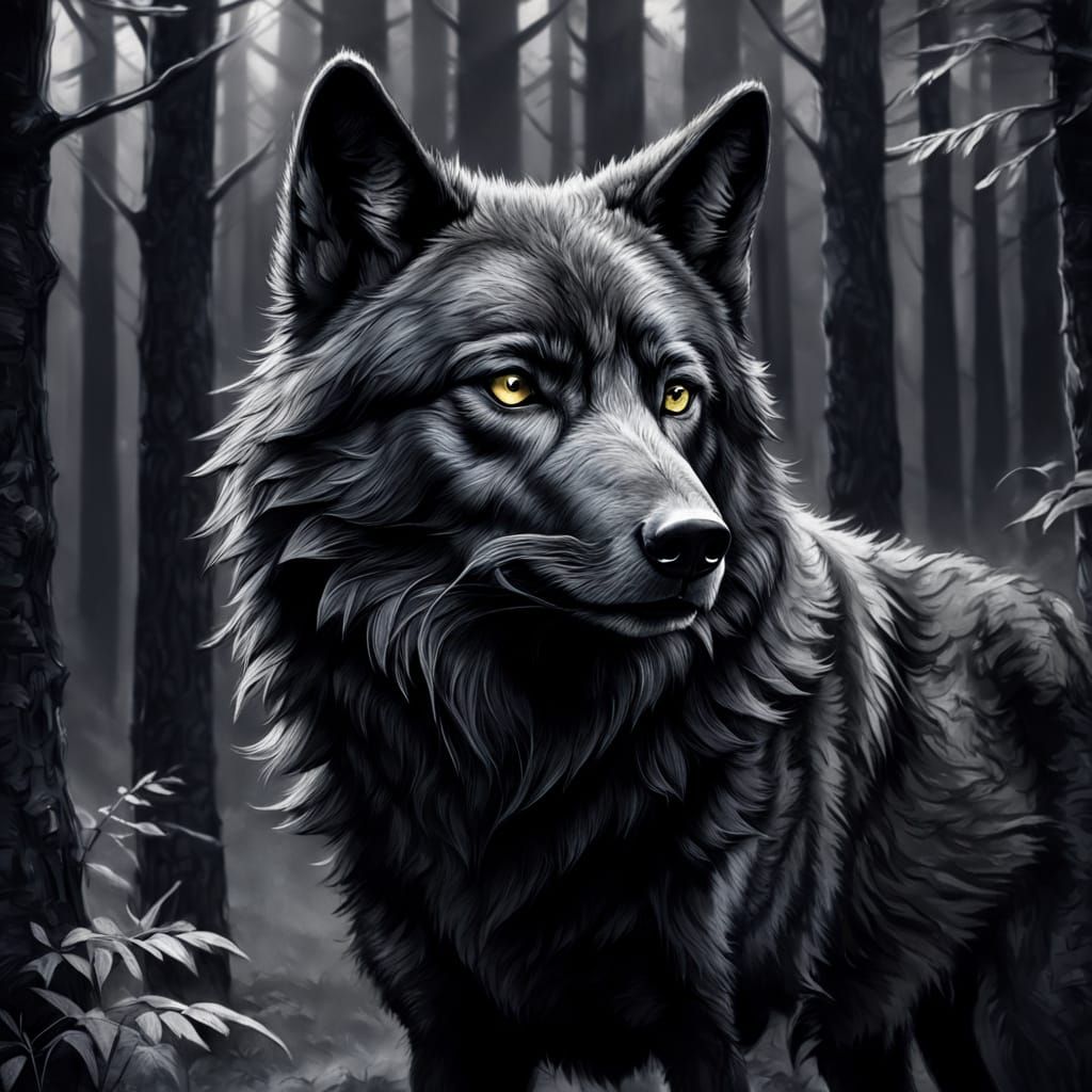 Hyperdetailed Charcoal Sketch of Black Wolf in Moonlight