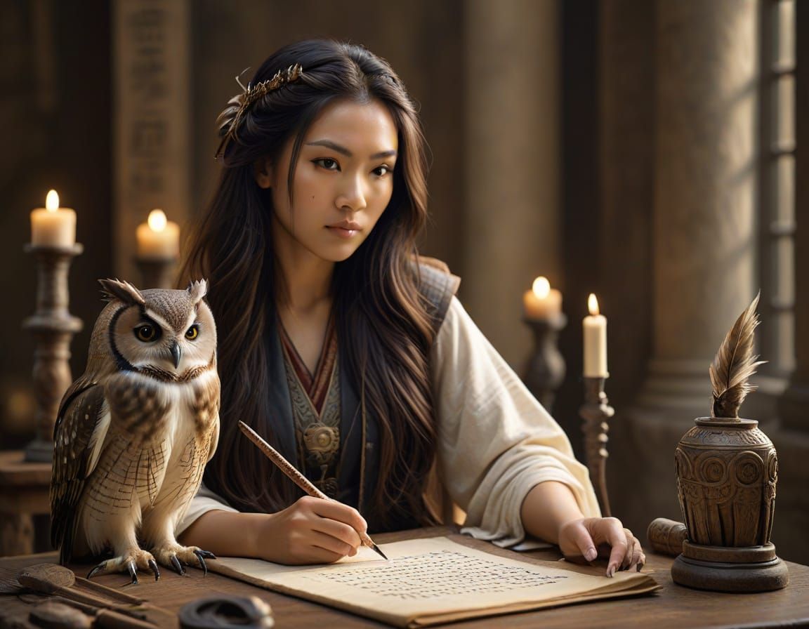 Ethereal Wisdom Goddess Amidst Ancient Scrolls