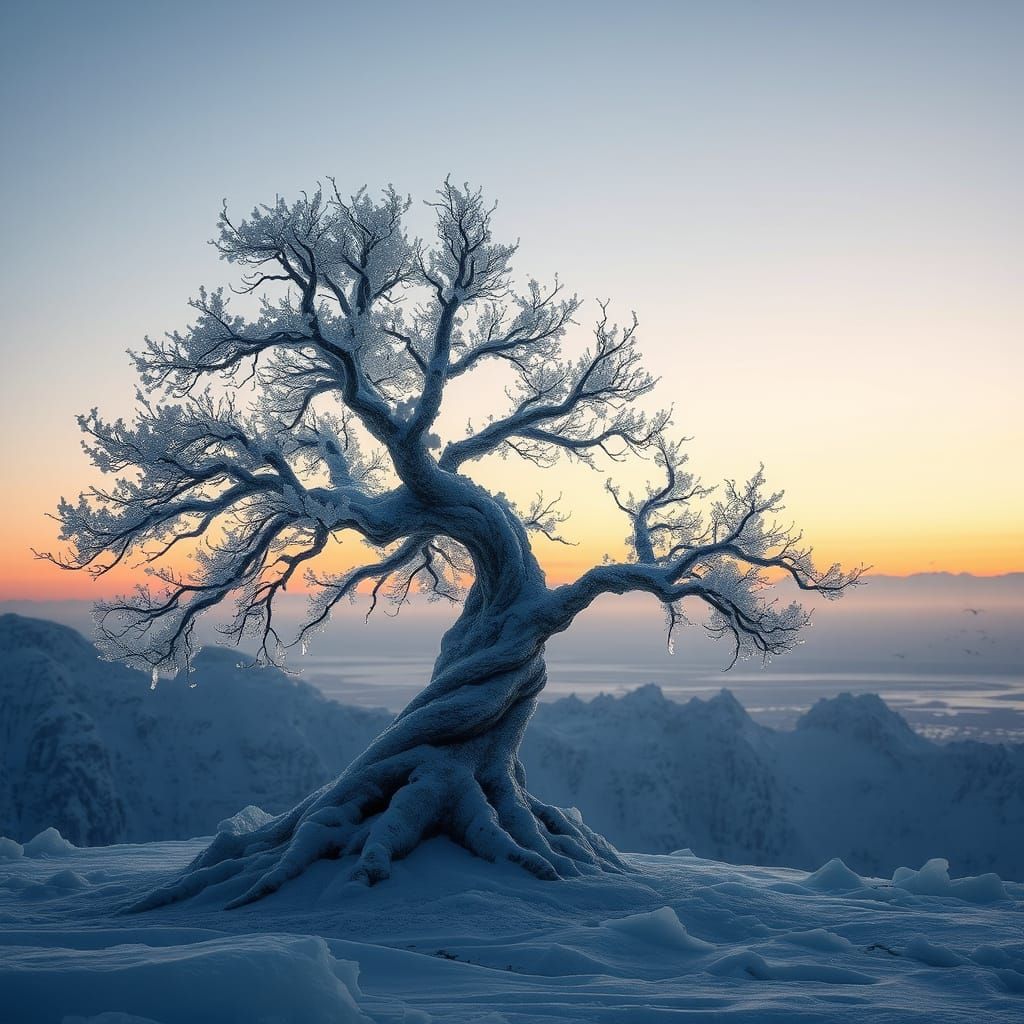 Crystal Tree Glows with Fairy Lights on Frosty Mountain Peak