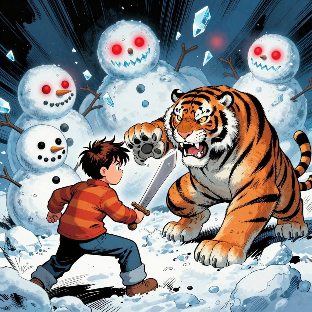 Calvin and Hobbes Battle Snow Monsters in Comic Style