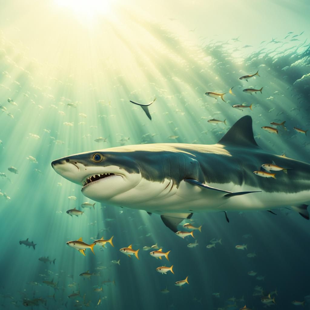 Cinematic Coral Reef Scene with Sharks