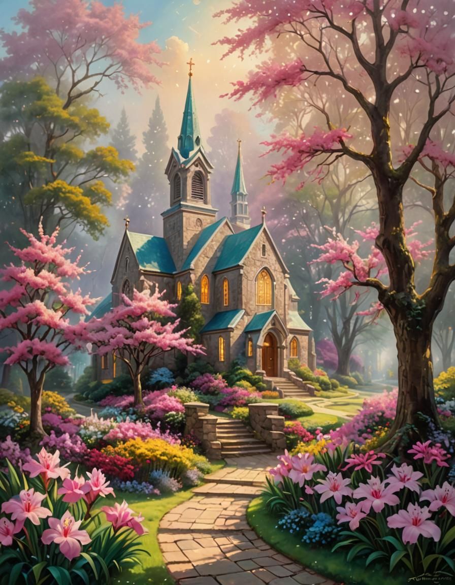 Ethereal Country Church with Stained Glass