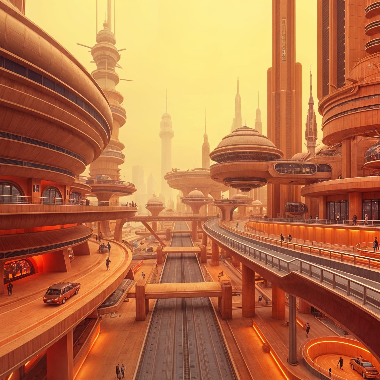 Retro-Futuristic Cityscape in Monochromatic Orange