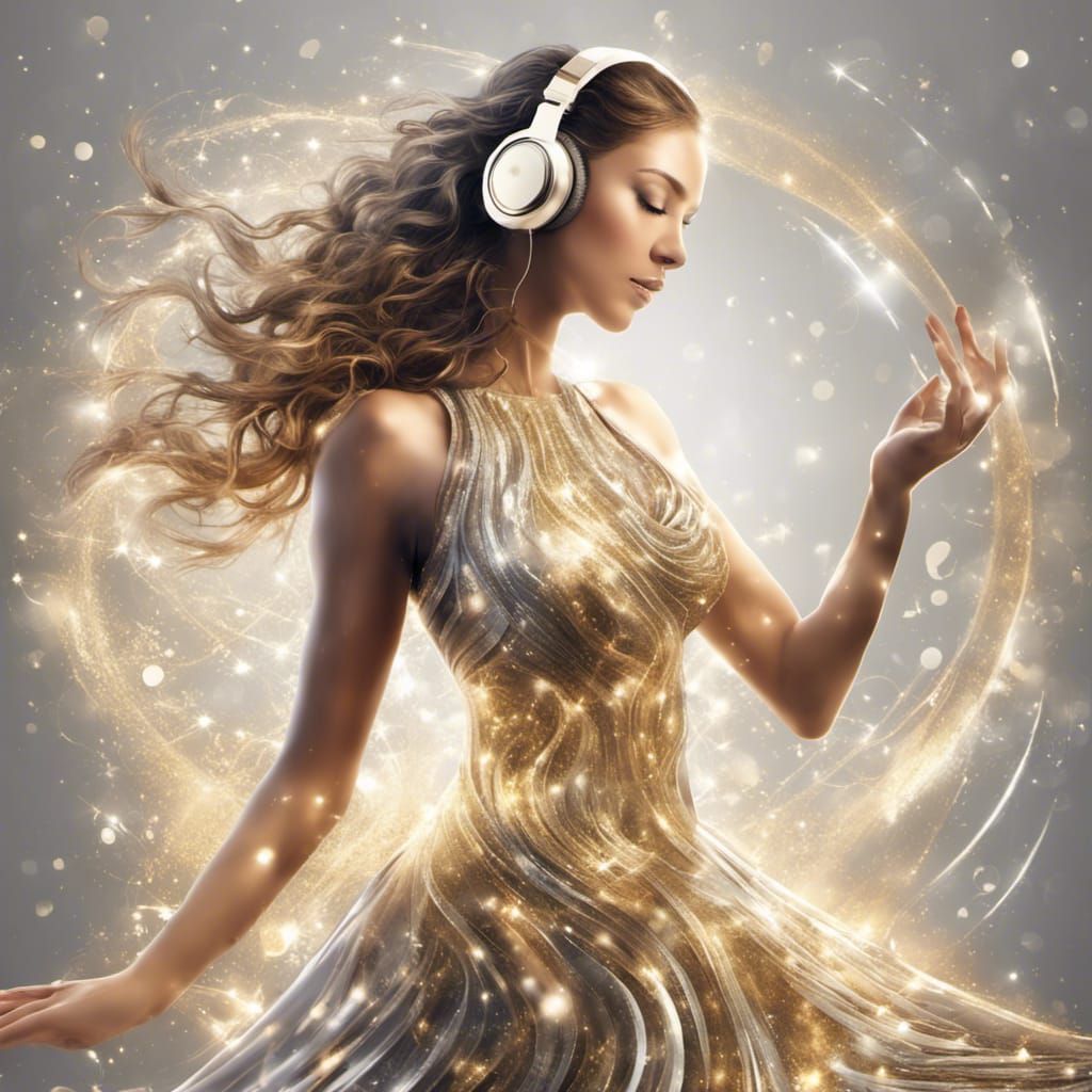Woman Dancing with Golden Notes in Soft Focus