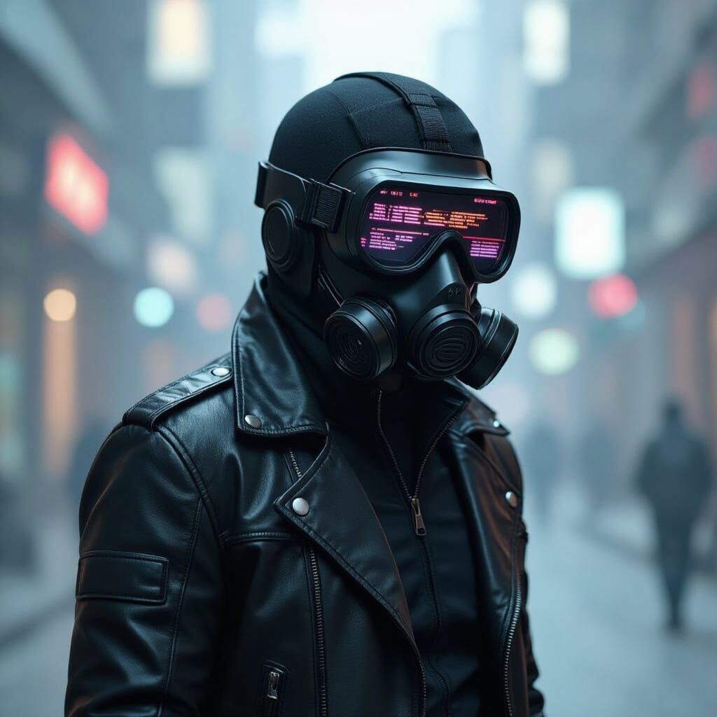 Futuristic Figure in Gas Mask and Leather Jacket