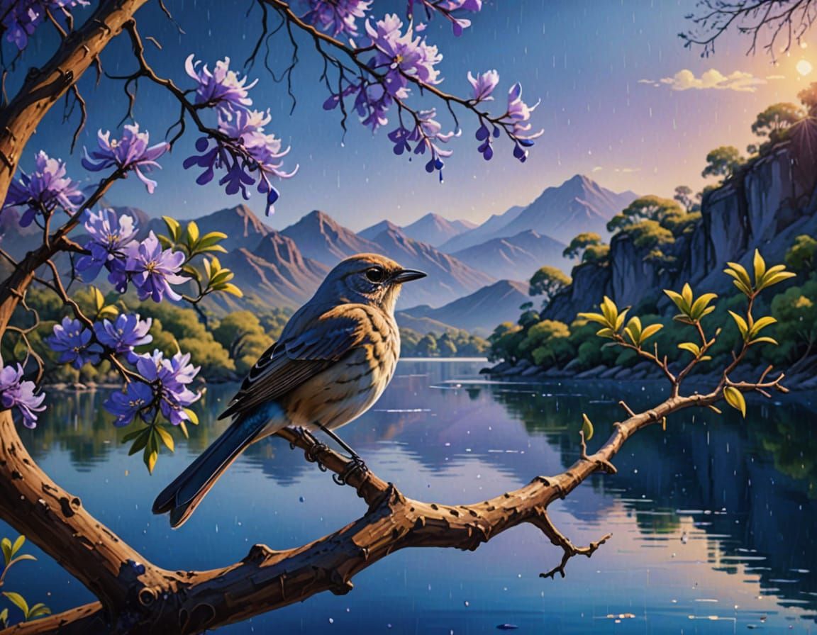 Nightingale's Song: Jacaranda Tree in Oil Painting Style