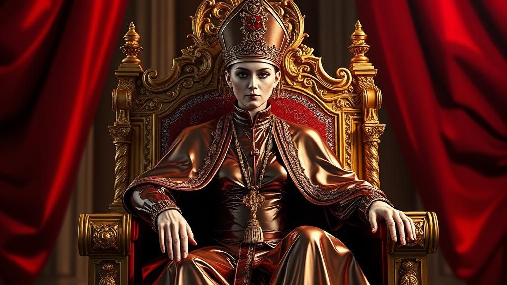 Regal Female Pope on Throne in Baroque Sci-Fi Style