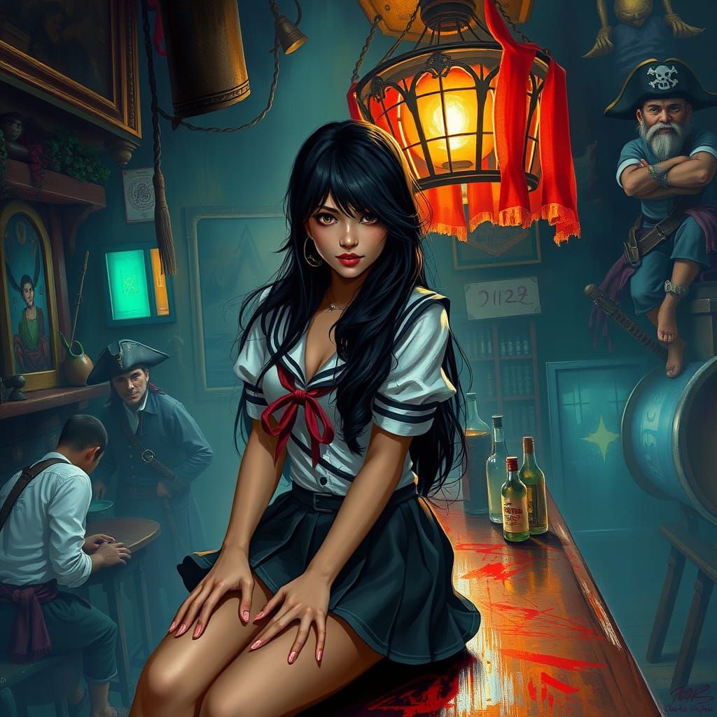 Fantasy Latina Schoolgirl in Tavern Amidst Pirates