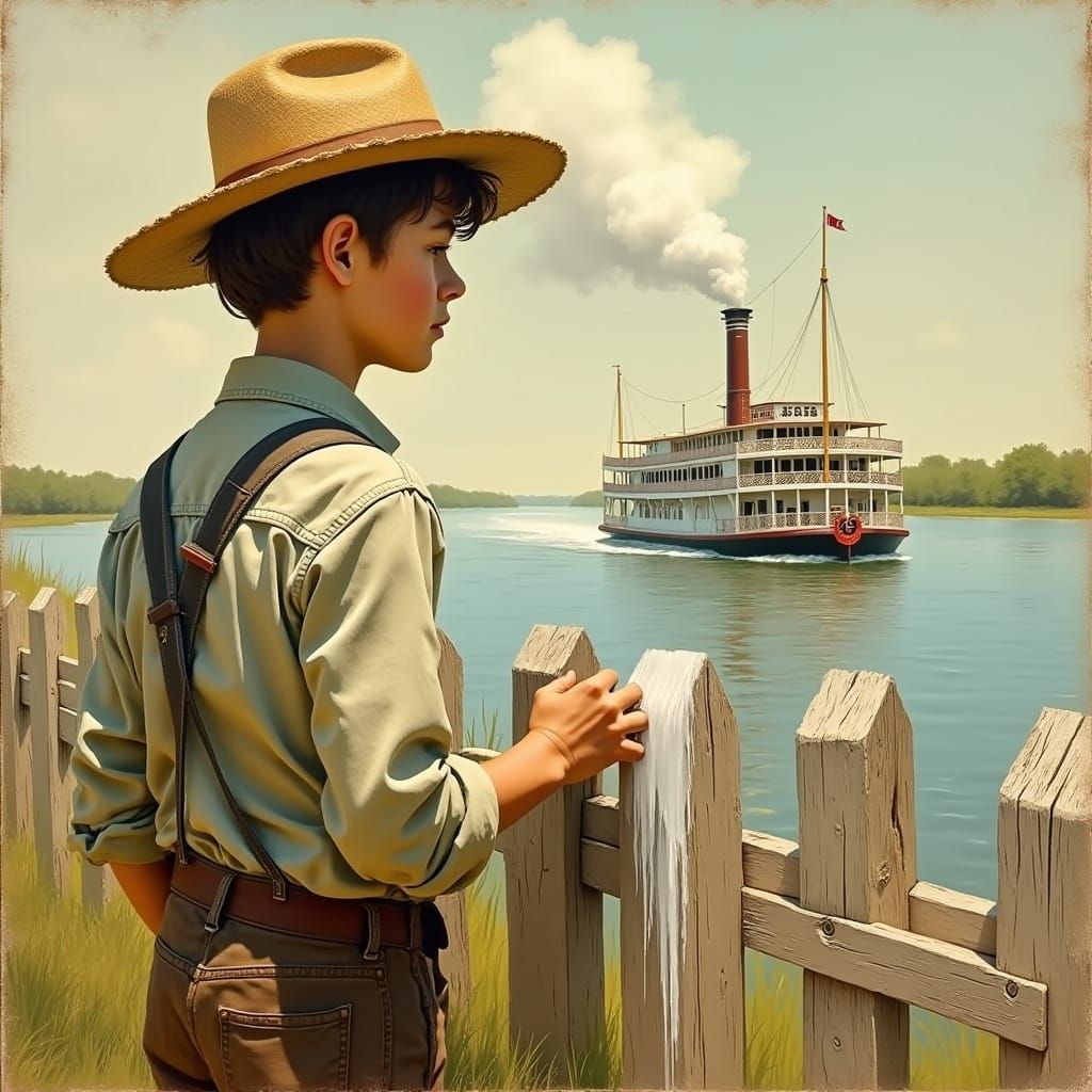 Young Boy Whitewashes Fence in a Norman Rockwell-Inspired Su...