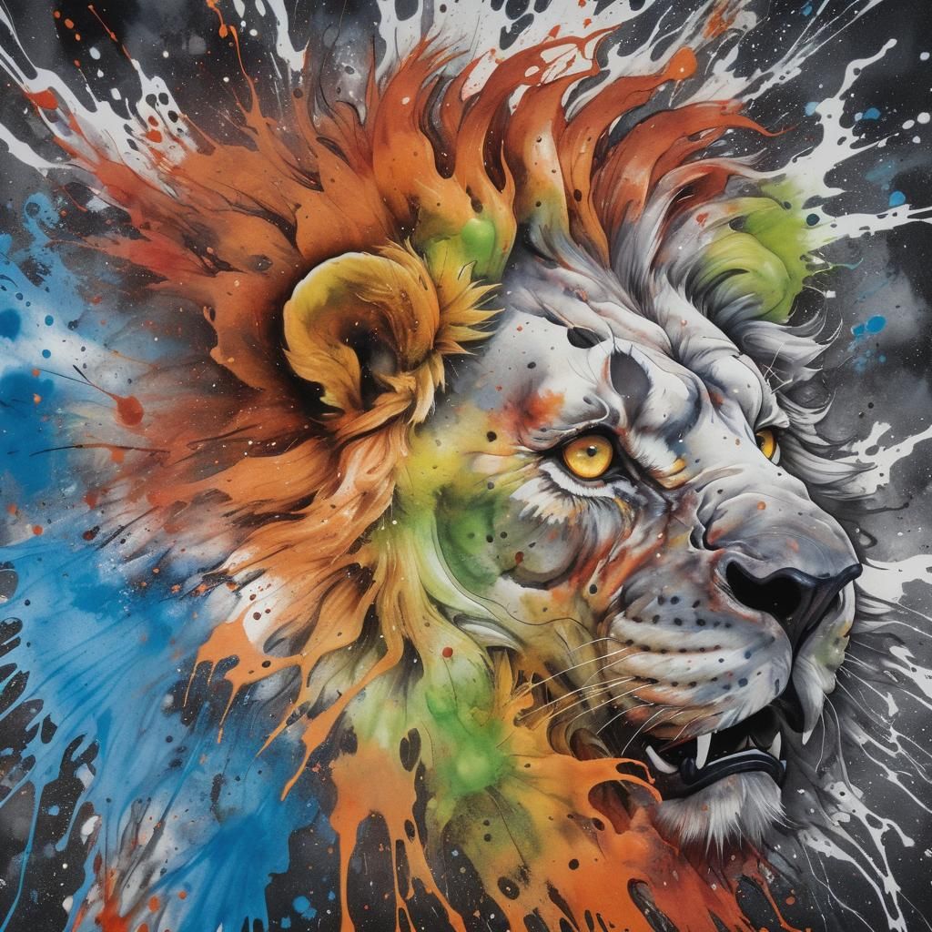 Ghost Lion Splatter Ink Painting on Savanna
