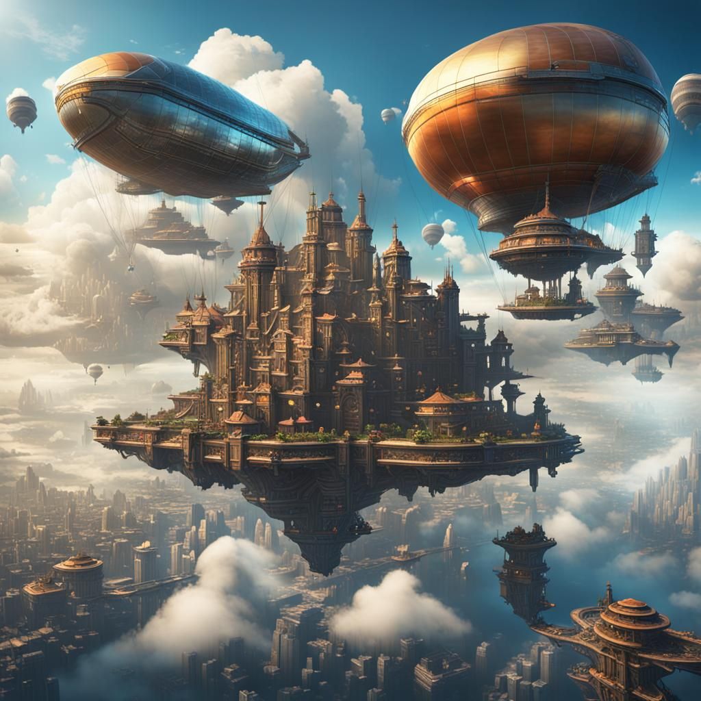 Whimsical Futuristic City Floating in Clouds