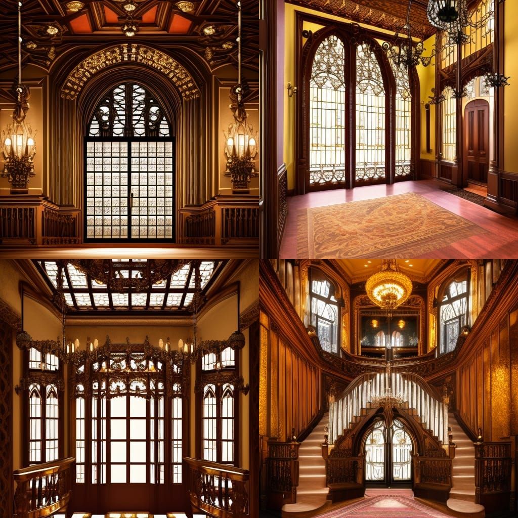 Victorian era  Entrance Hall; Lobby in a stately Manor; ornate wooden staircase; elegant; grand; interior photograph of ...