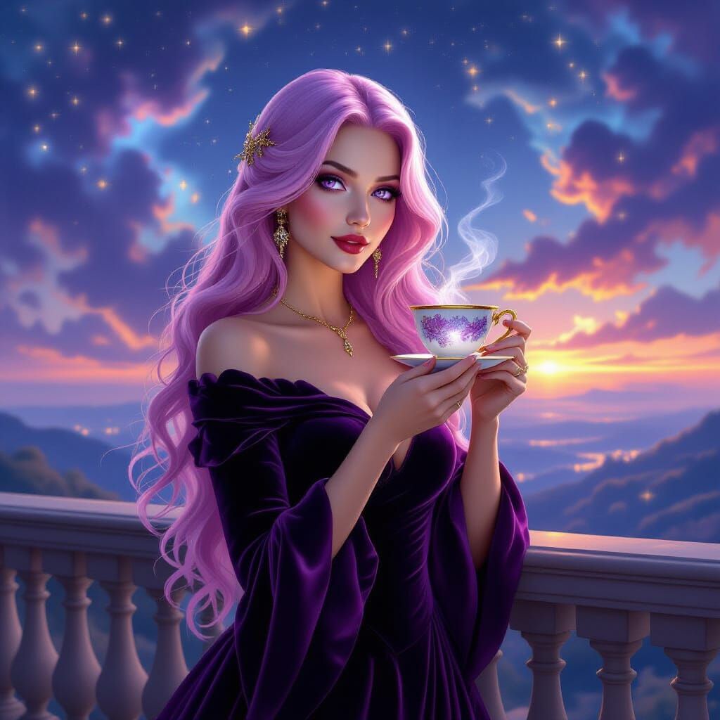 Woman in Velvet Dress Overlooking Nebula