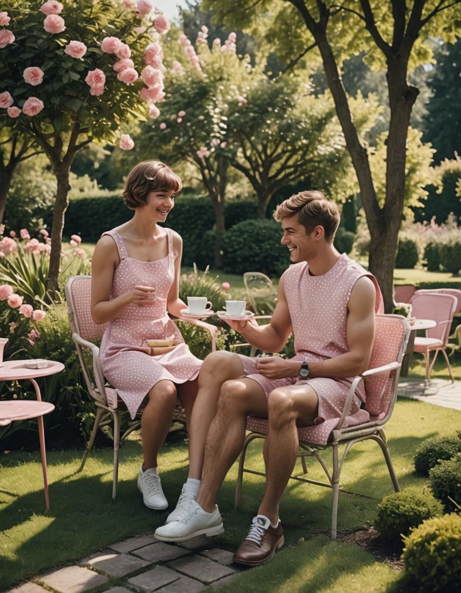 Muscular Young Man in Polka Minidress Brings Tea to a Smilin...