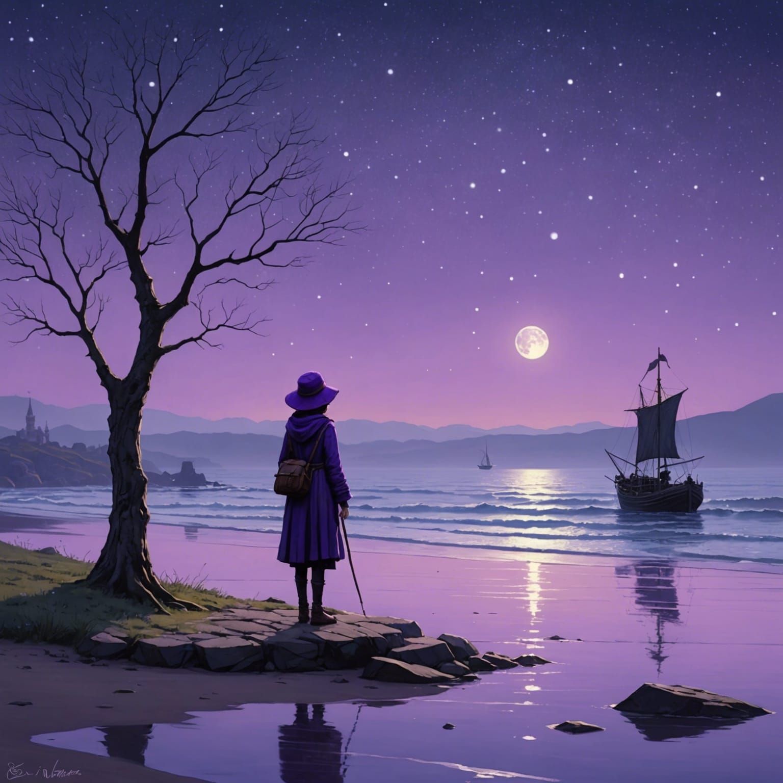 Lone Wanderer on Purple Shore: Fantasy Art