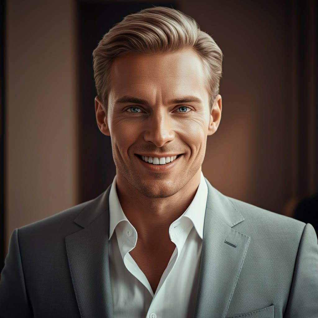 Handsome Man in Gray Suit: Cinematic Film Still