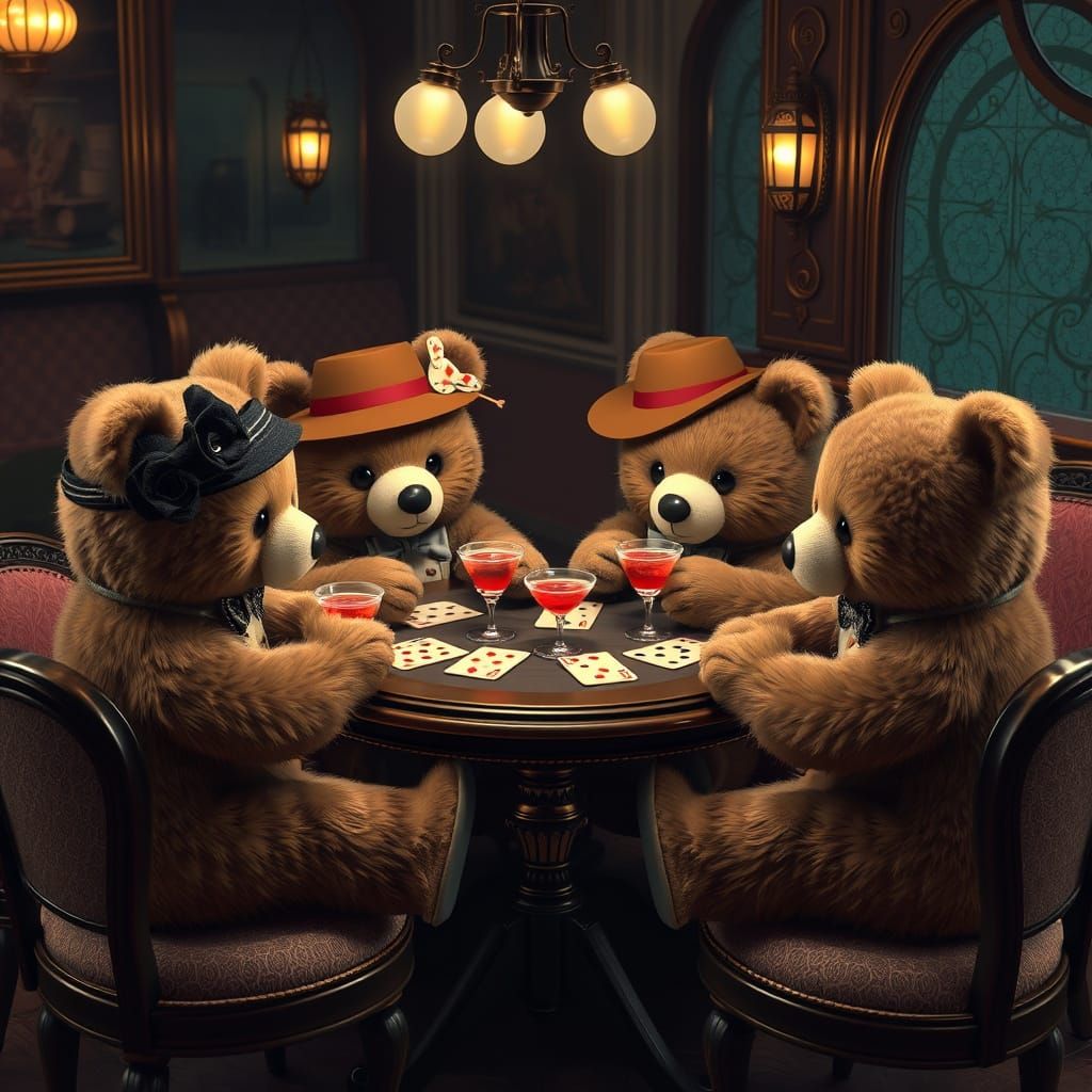 Teddy Bears Playing Poker in 1920s Speakeasy