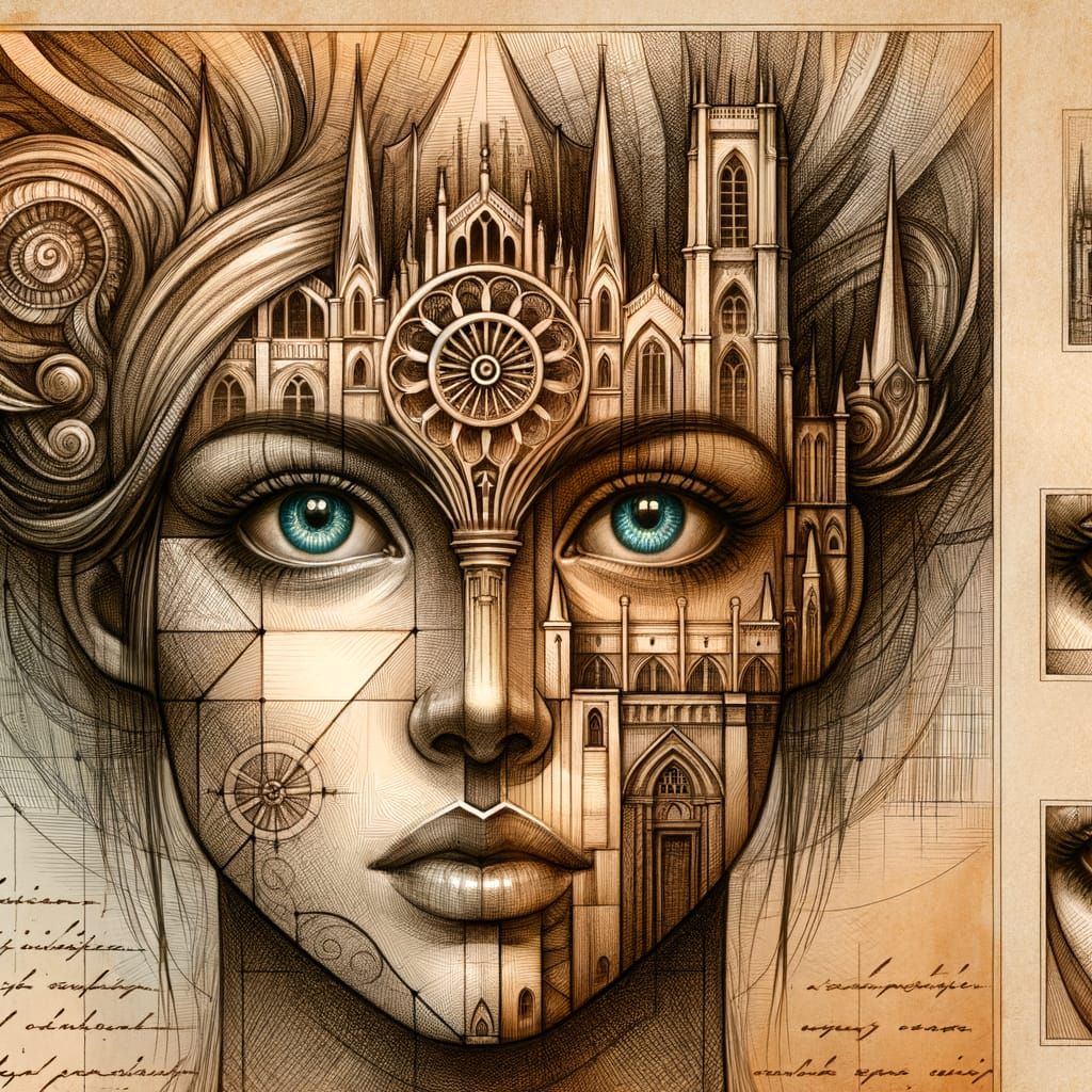 Surreal Woman Portrait with Cathedral Towers as Architectura...