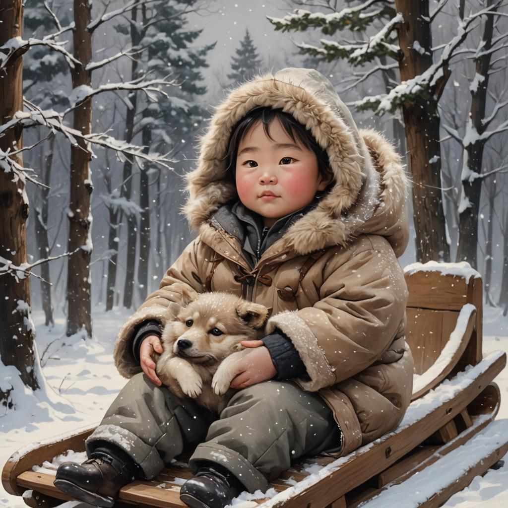 Fluffy Baby with Dog on Toboggan, Dreamy Art