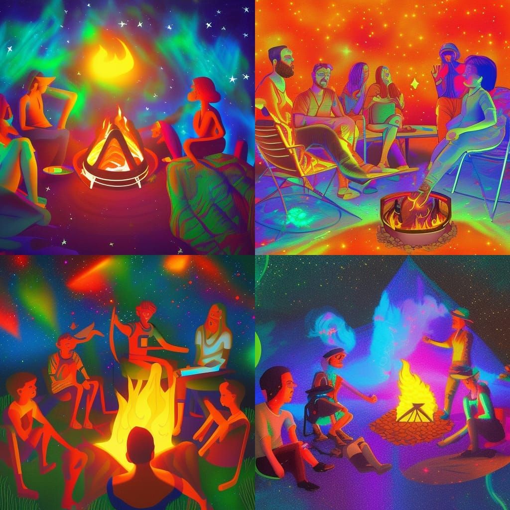Psychedelic Campfire Party: Holographic Cosmic Illustration