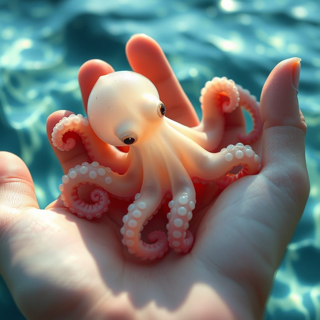 Surreal Octopus Baby in Gentle Hand Above Ripples