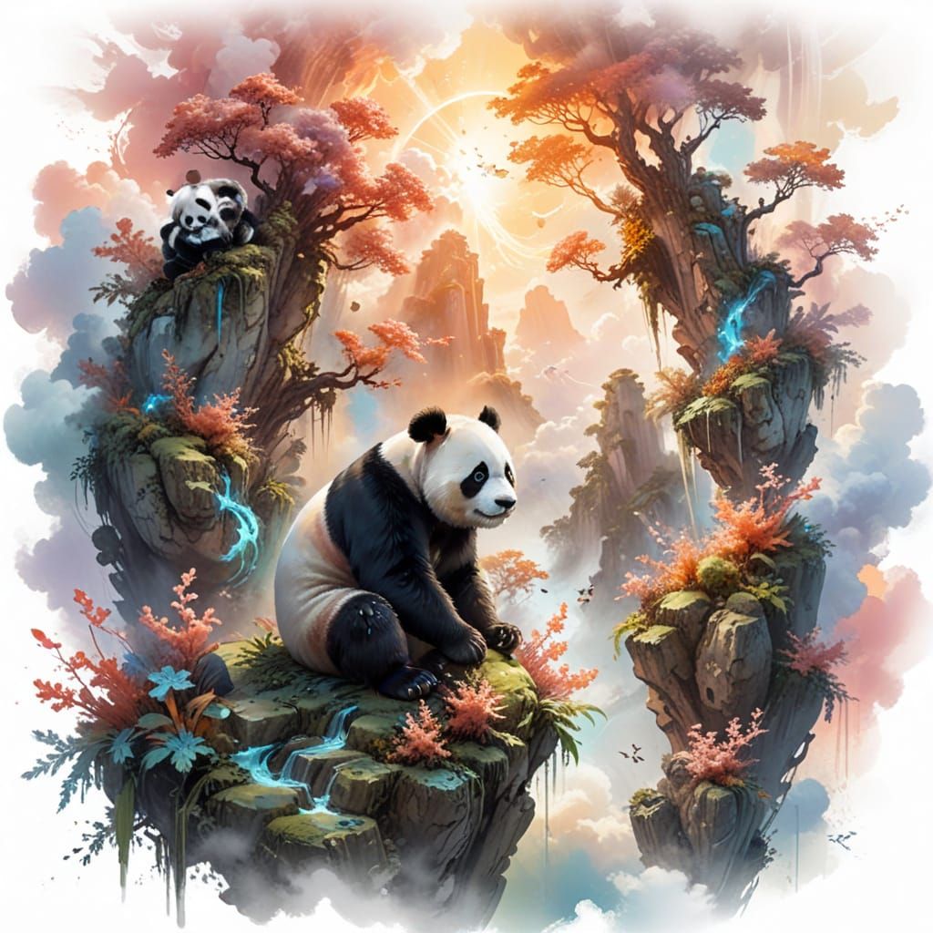 Panda Explorer Drifts Among Sky Coral Spires in Watercolor S...