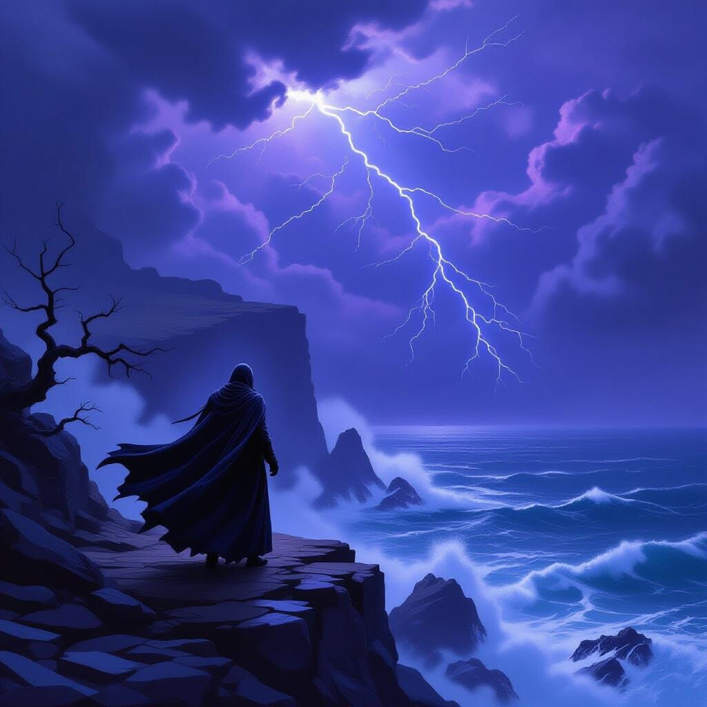 Lone Traveler on Stormy Clifftop in Dark Fantasy Style
