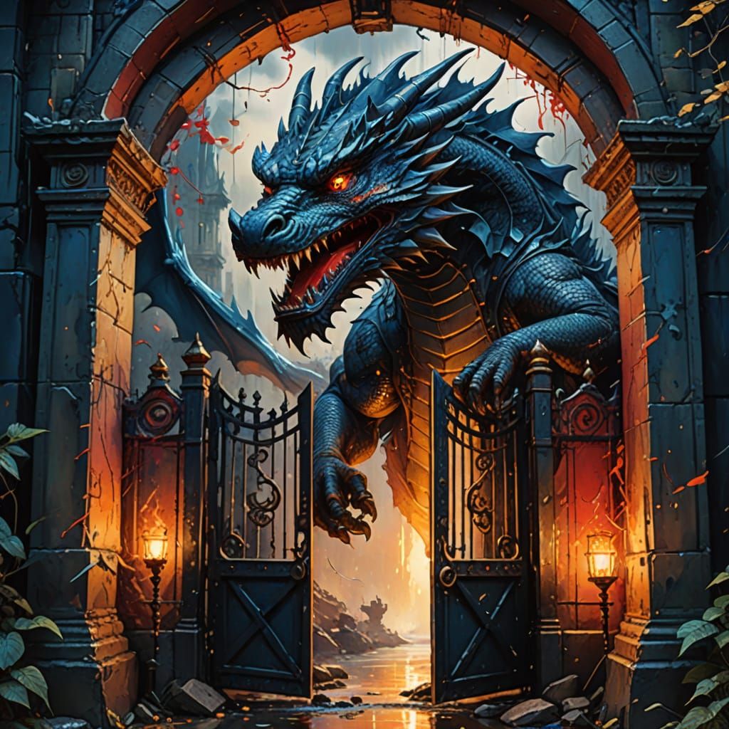 Dragon in Gate: Abstract Ink Drawing with Impasto Textures