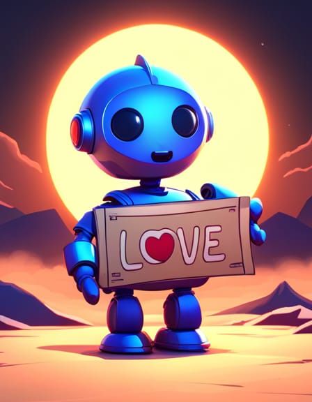 Cute Robot Holding Love Sign in Detailed Matte Painting