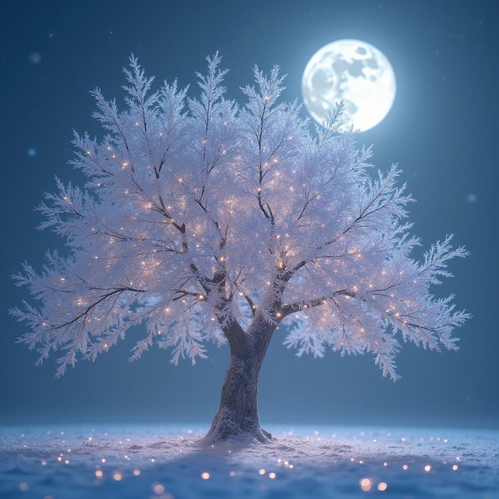 Winter Tree With Crystal Leaves Under Radiant Moon