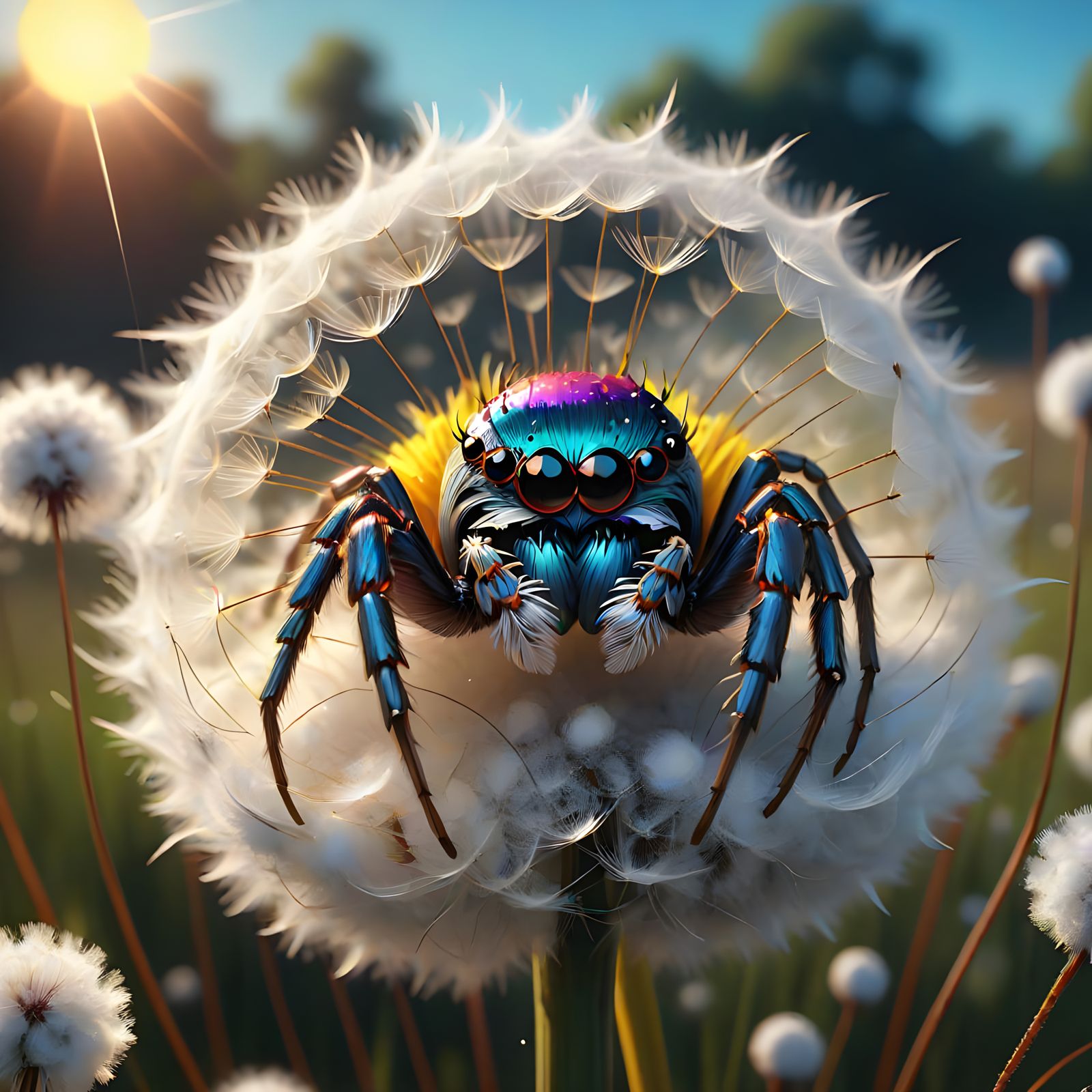 Vibrant Spider Waits Within Dandelion Seed Ball, Ready to Po...