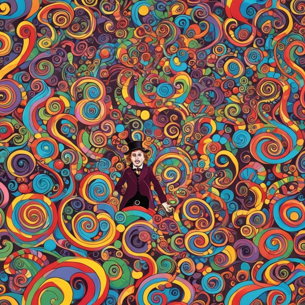 Willy Wonka's Colorful Candyland Factory in Gouache Style