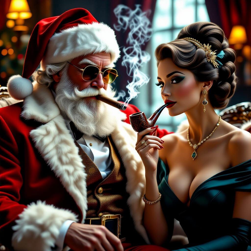 Santa and Woman Smoking in Hyperrealistic Style