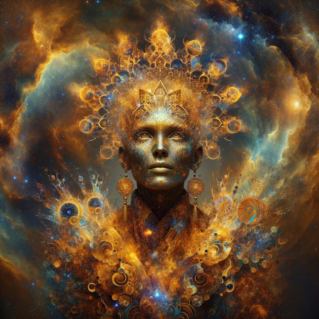 Queen of Saturn: Cosmic Amber Majesty in Mixed Media