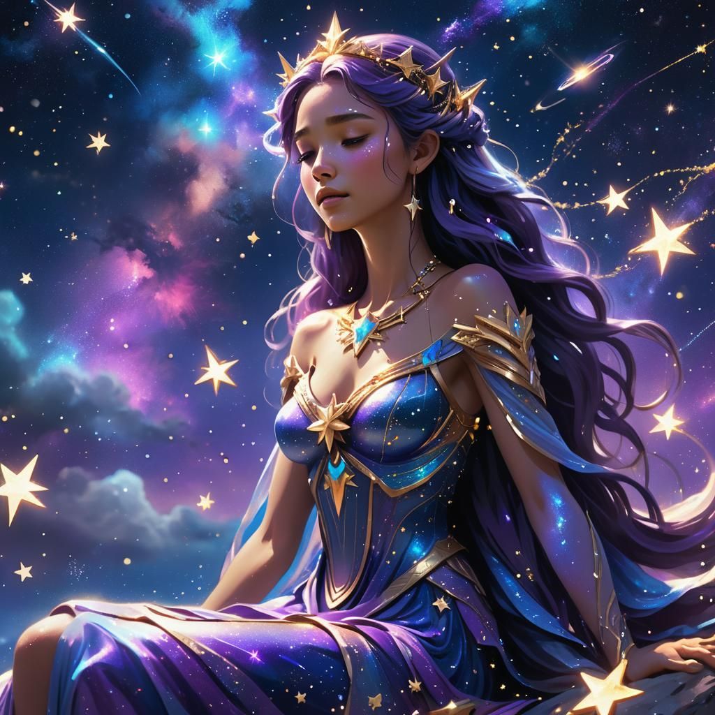 Goddess Crying Shooting Stars in Starry Sea
