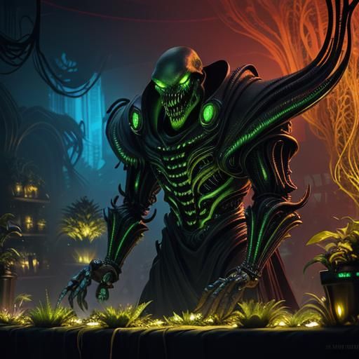 Alien Florist in a Bioluminescent Shop