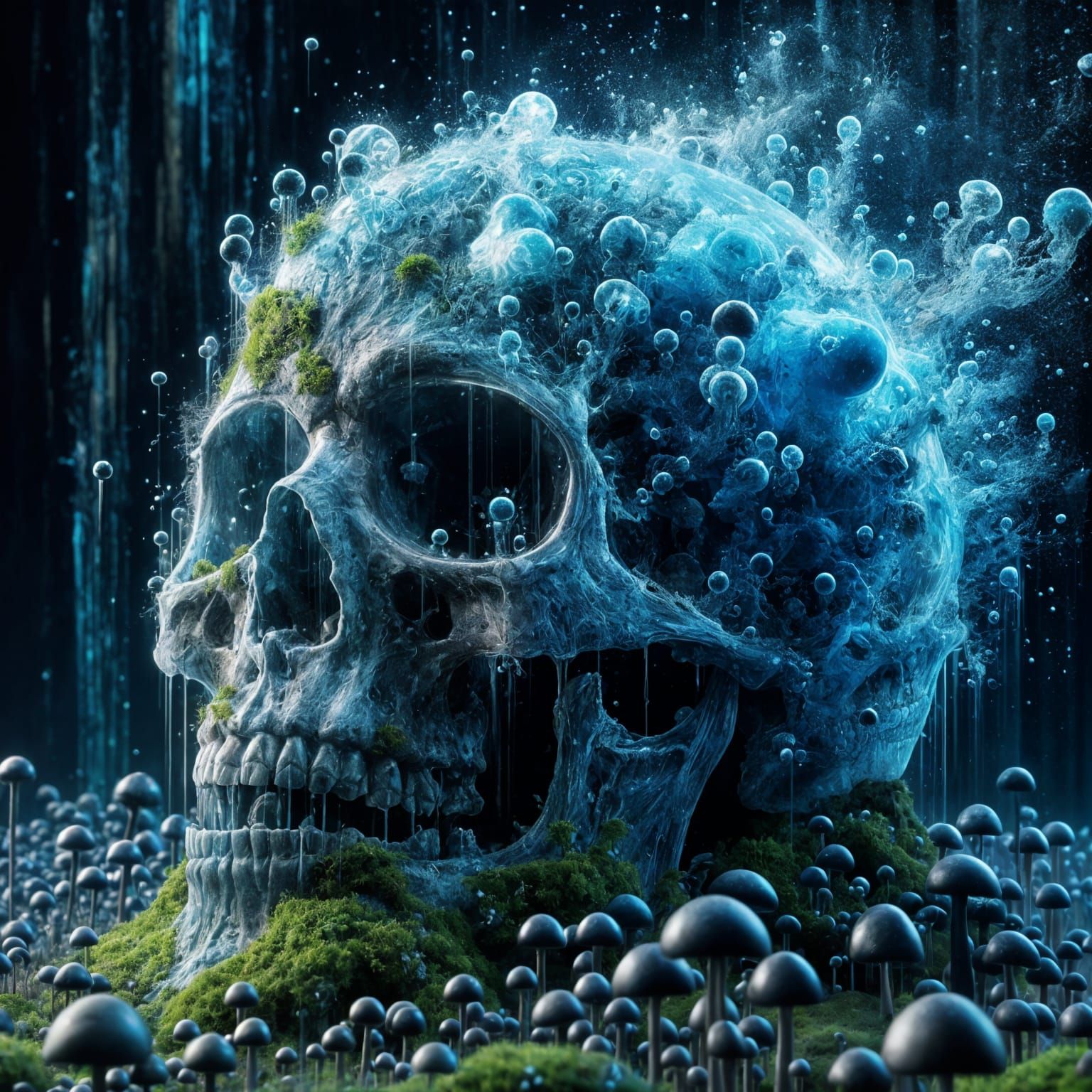 Mossy Glass Skull with Blue Particle Storm