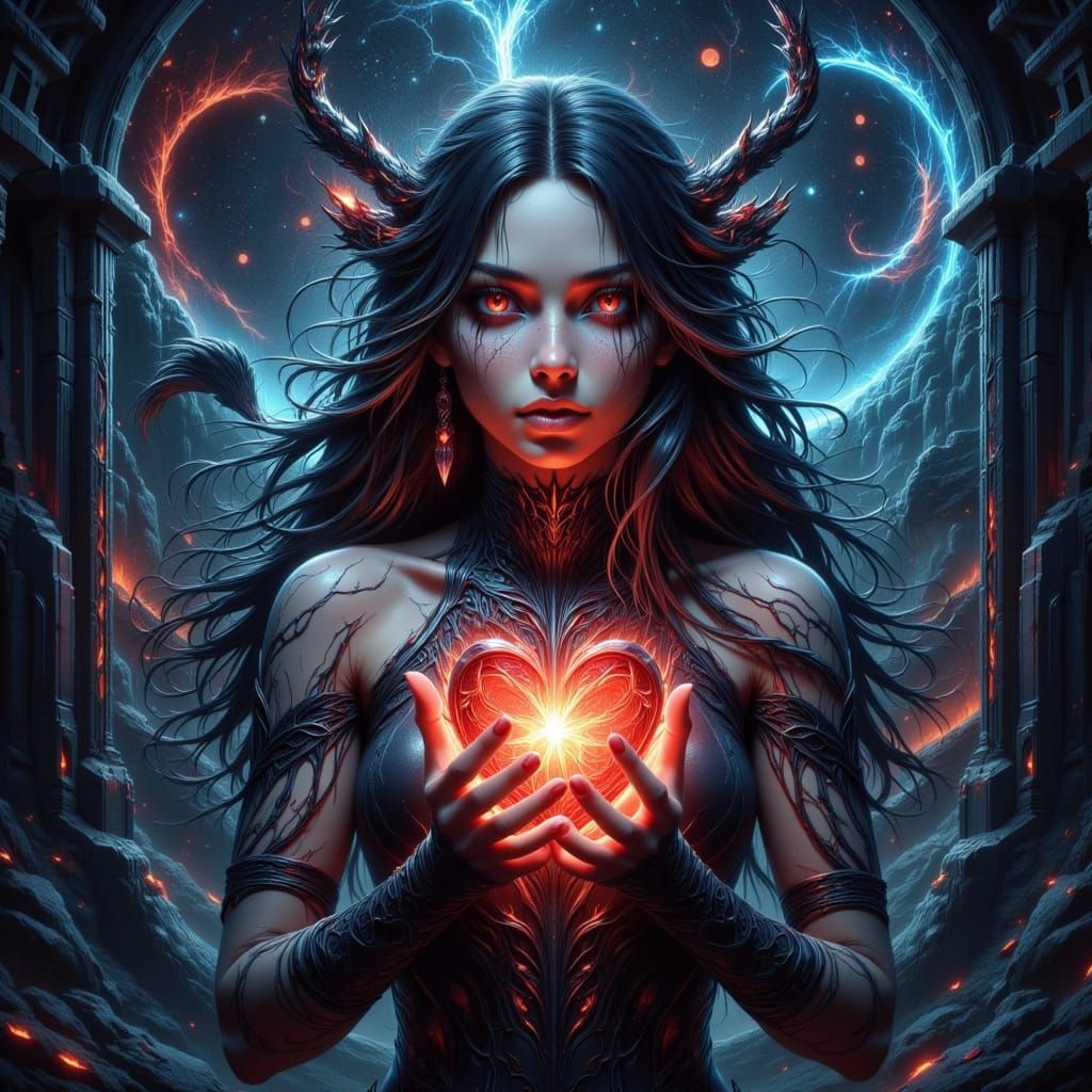 She reaches a red heart in a night sky dream land