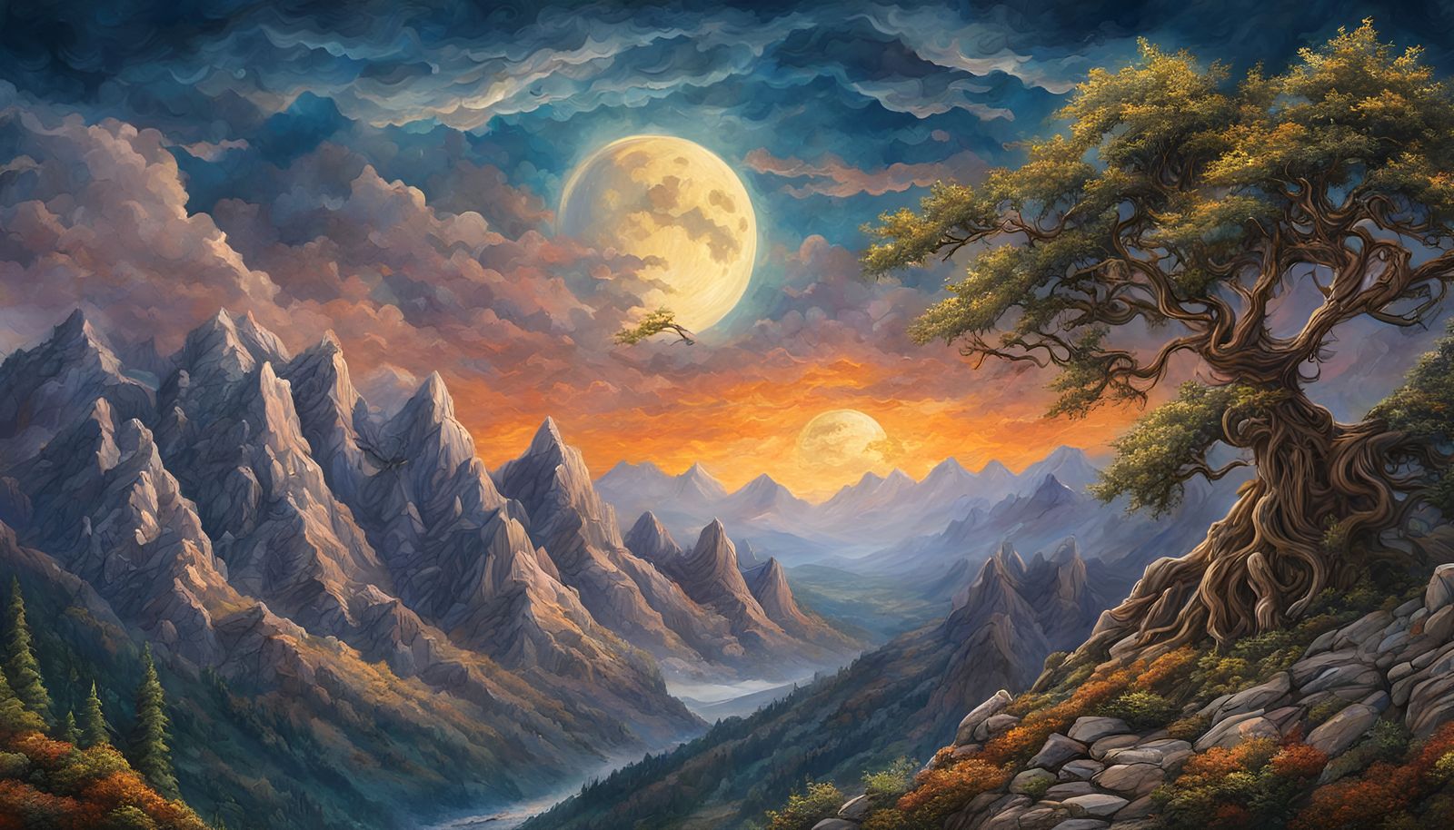 Fantastical Moonrise Over Mountain Range in Gouache Style
