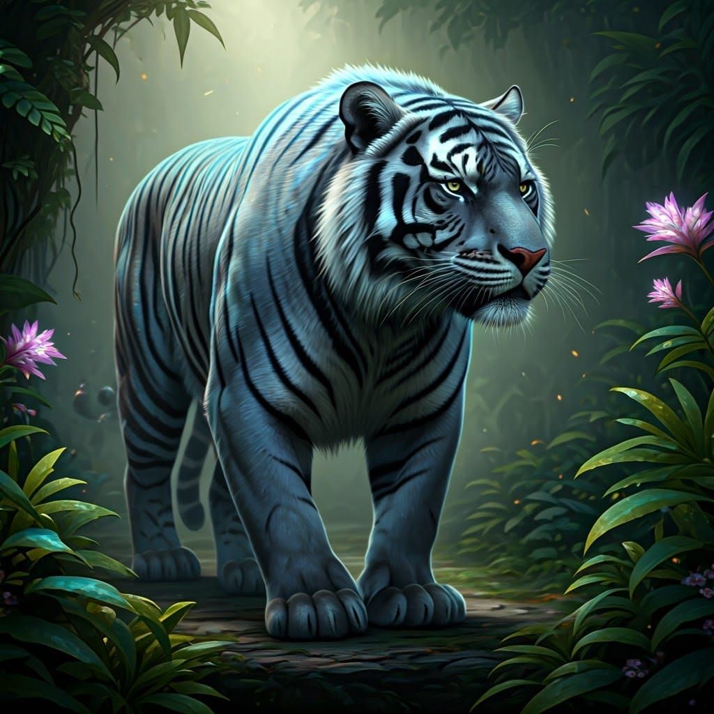 Iridescent Black Tiger in Dreamlike Jungle Art