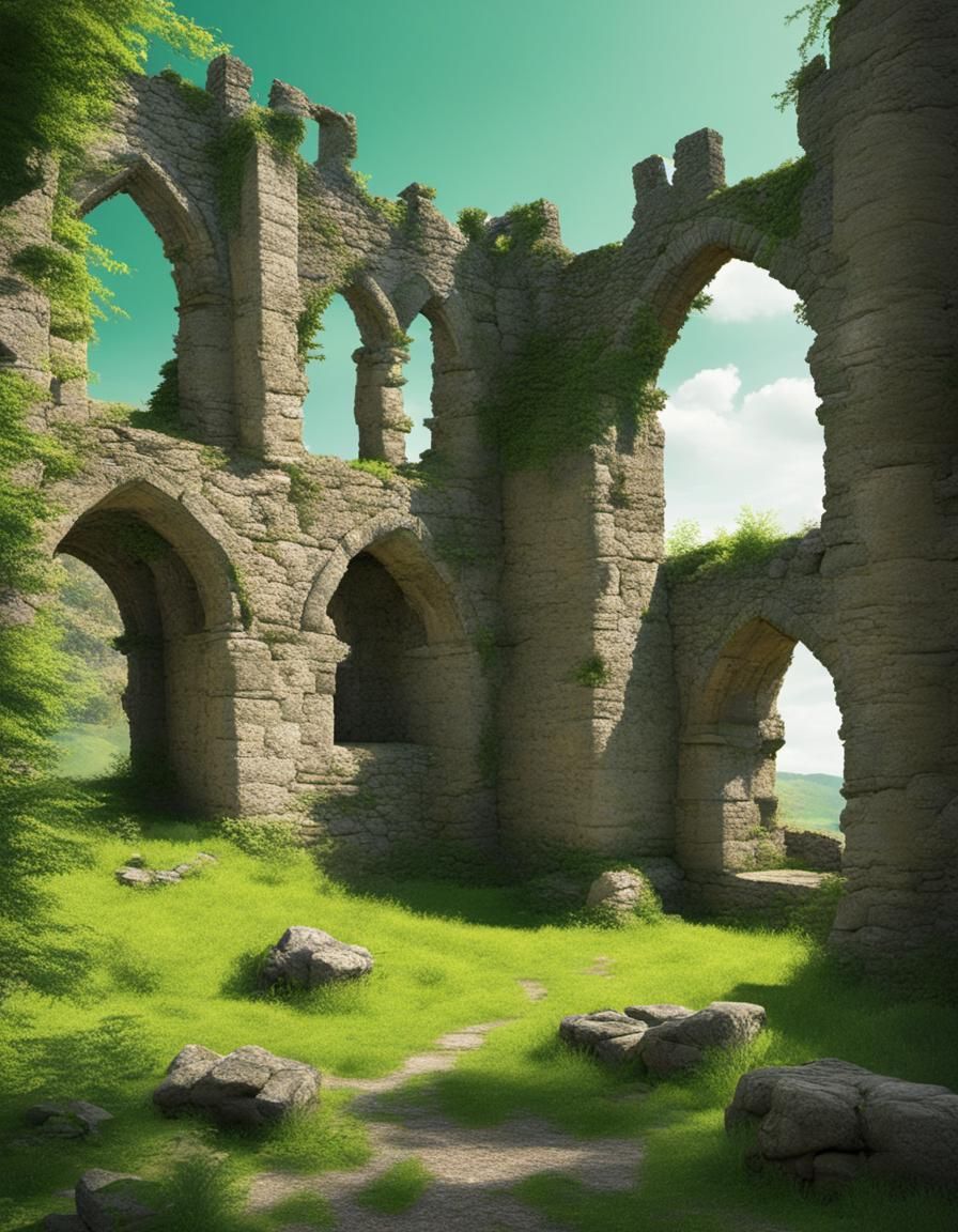 Medieval Castle Ruins Enveloped in Greenery