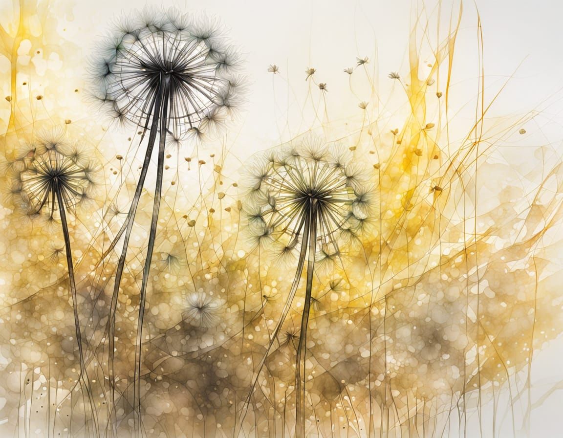 Dandelion Seed Heads with Gold Accents as Silk Painting