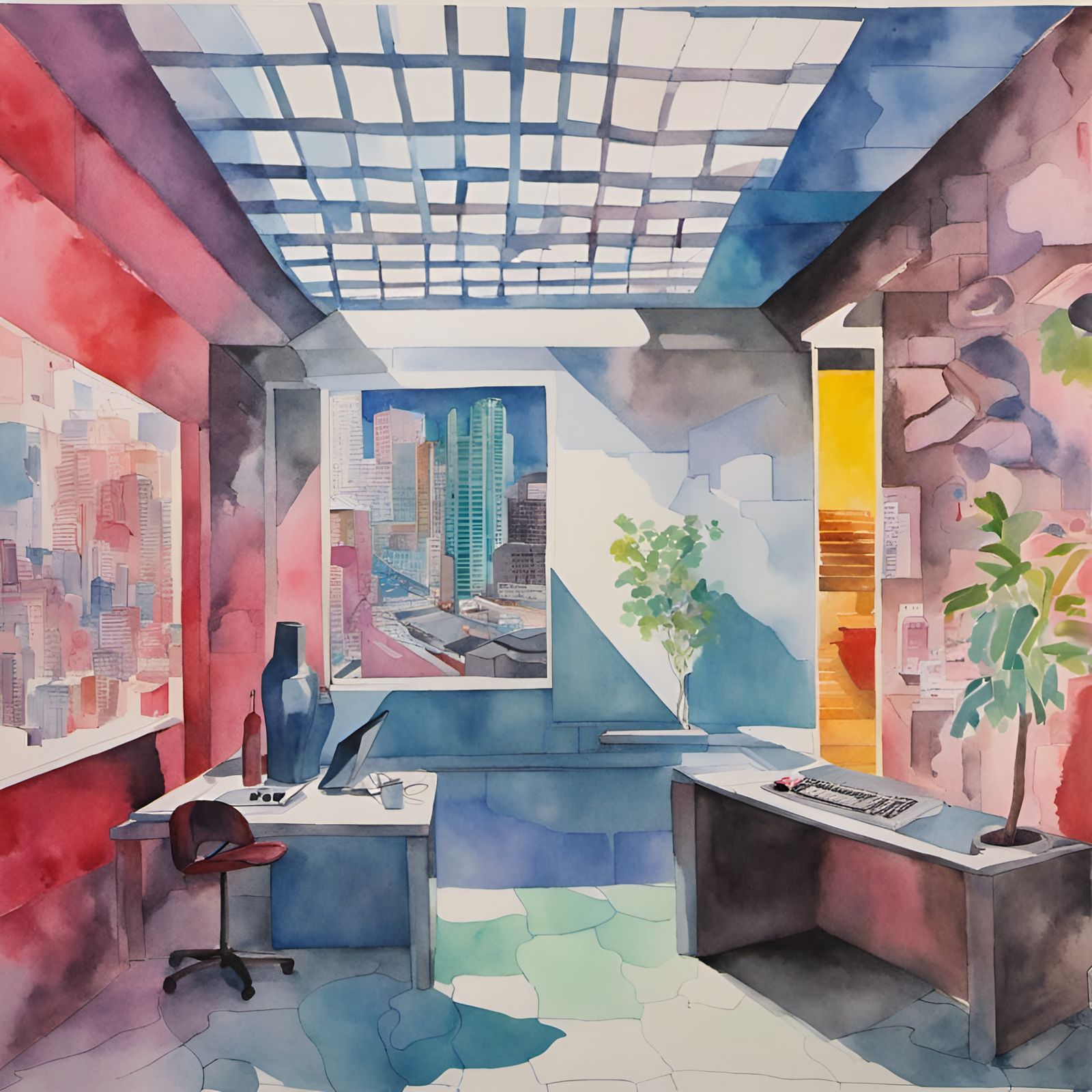 Cyberpunk Scene in Watercolor Style