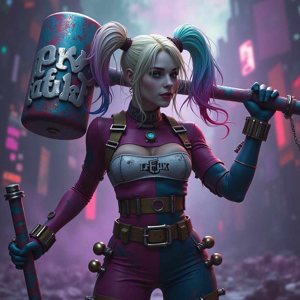 Graffiti-Adorned Mallet in Cyberpunk Fantasy Landscape