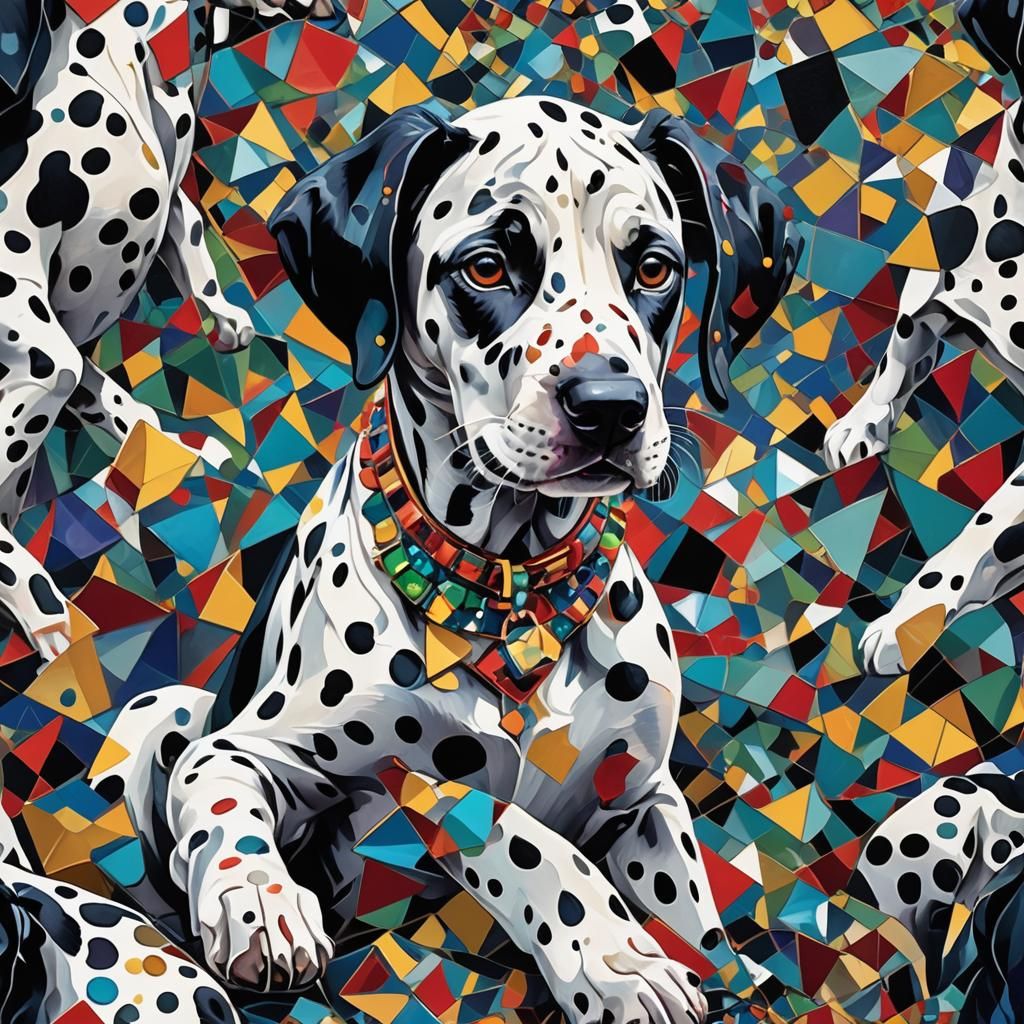 Dalmatian Puppy with Jewels in Cubist Style