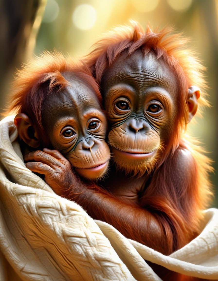 Baby Orangutan Hugging Blanket in Warm Light