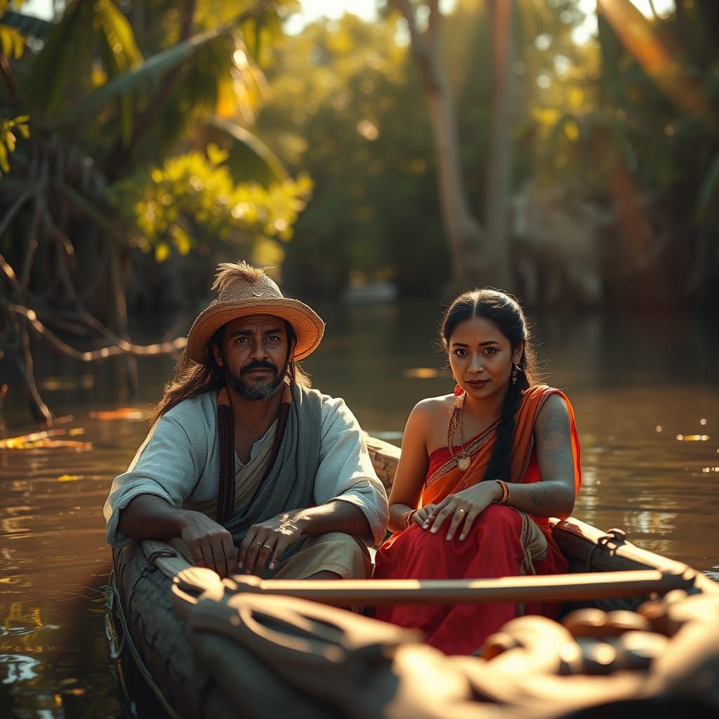 Ancient Calusa Couple in a Serene Tree Canoe, Radiant Atmosp...