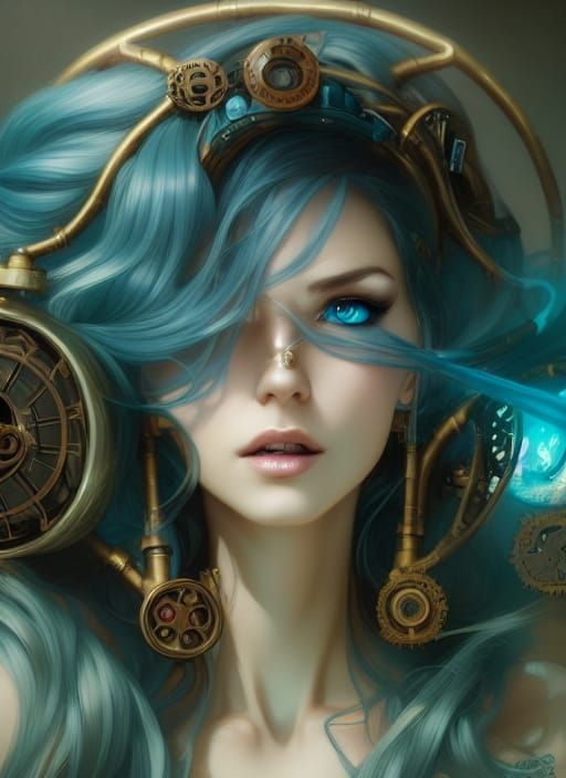 Steampunk Goddess with Cyan Hair in Hyper-Detailed City
