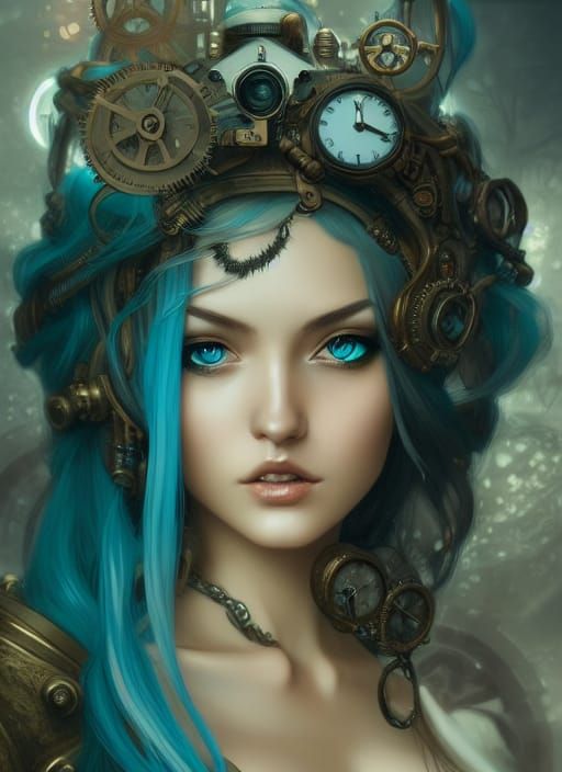 Steampunk Goddess in Hyper-Detailed Cityscape